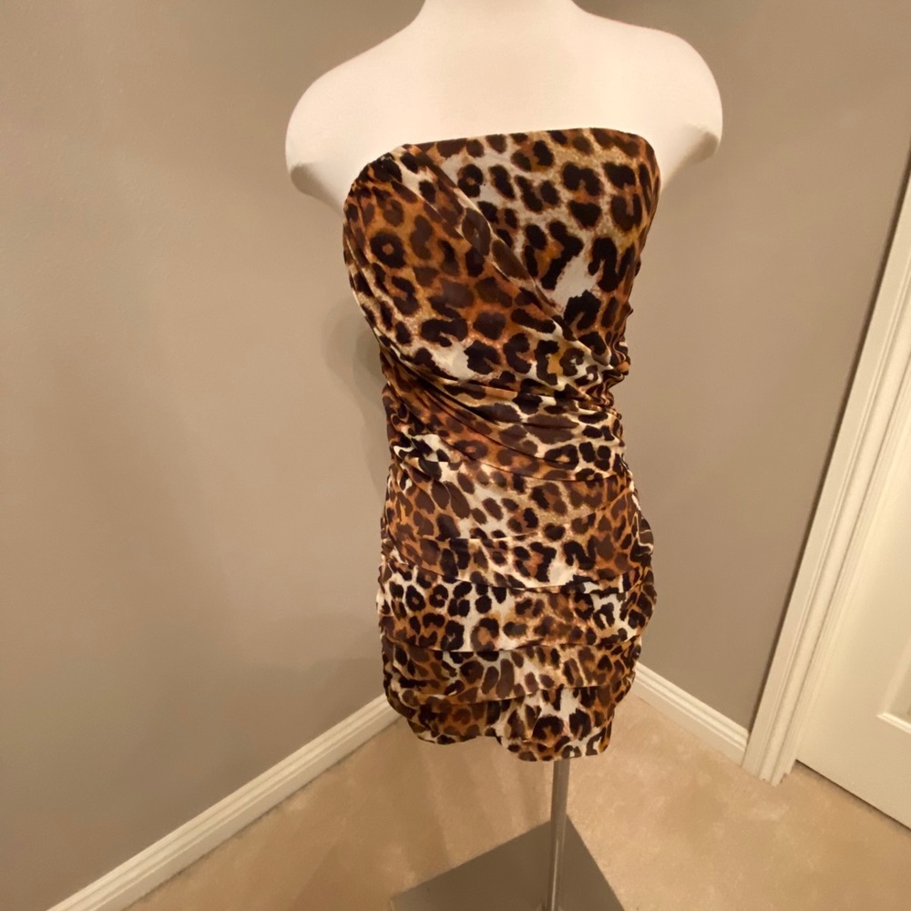 Express Ruched Strapless Cheetah Dress (6)